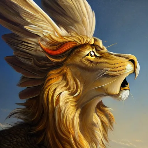 Image similar to a realistic oil painting of a winged lion's body with an eagle head, highly detailed, trending on artstation, by james gurney and michael whelan