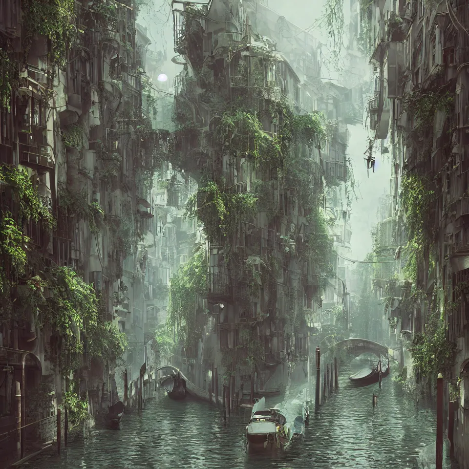 Prompt: a canal in venice, dystopian, steampunk style, Miyazaki tekkonkintreet Teikoku Shounen style, amazing Traditional Japanese alley lane on full moon, machinery and wires, lush vegetation and ferns, sun rays, octane render, trending on artstation, hyper detailed, cinematic