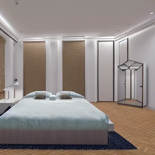 Image similar to parallax mapping of bedroom, symmetry