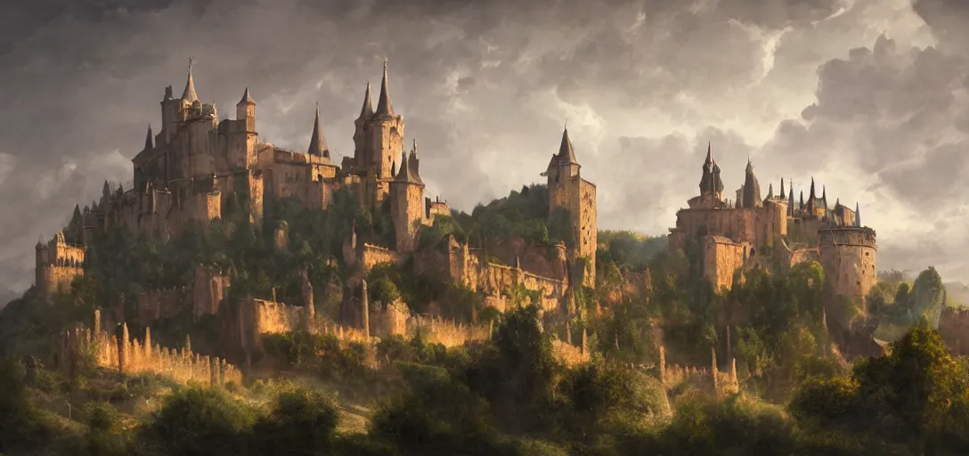 Image similar to castle with pointed spires, lourmarin, landscape, alex ross, eddie mendoza, raphael lacoste, sebastian ludke, concept art, matte painting, highly detailed, rule of thirds, dynamic lighting, cinematic, detailed, magnificiant landscape, denoised, centerd