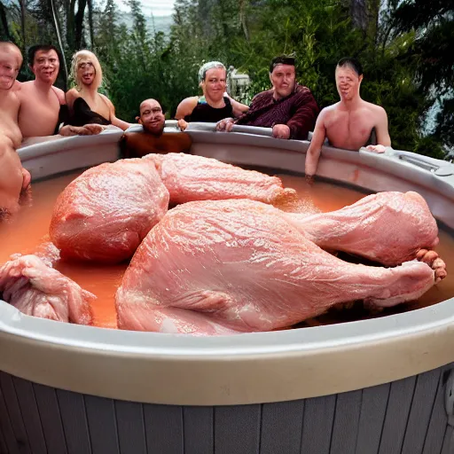 Prompt: photo of the world\'s largest raw chicken in a hot tub, with some humans around it