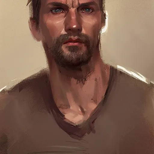 Image similar to Portrait of a man by Greg Rutkowski, he is about 40 years old, southern slav features, messy brown short hair, strong and tall, tired expression, he is a black tank top, highly detailed portrait, digital painting, artstation, concept art, smooth, sharp foccus ilustration, Artstation HQ.