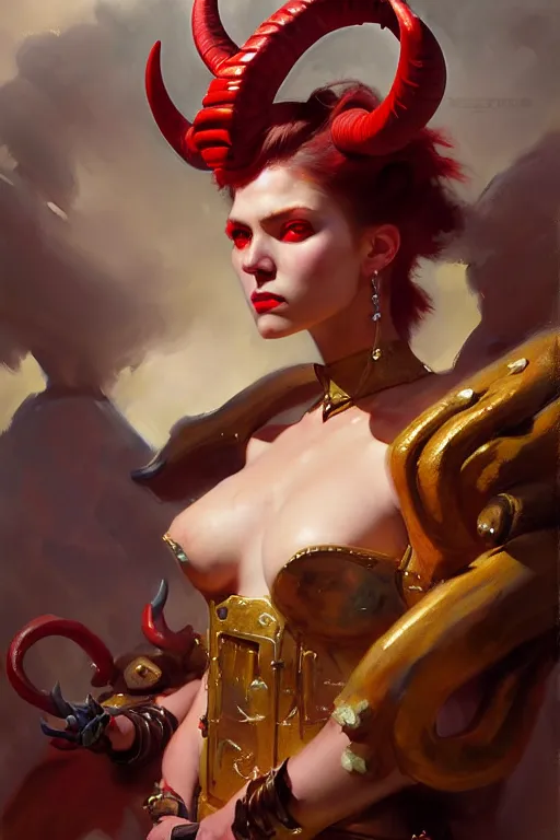 Image similar to painted close - up portrait of a attractive red - skinned intimidating demon cyborg girl with ram horns! oil painting, wearing a noblewoman's outfit, fantasy art by john singer sargent and gaston bussiere and james jean and greg rutkowski, demon noble character design, hd