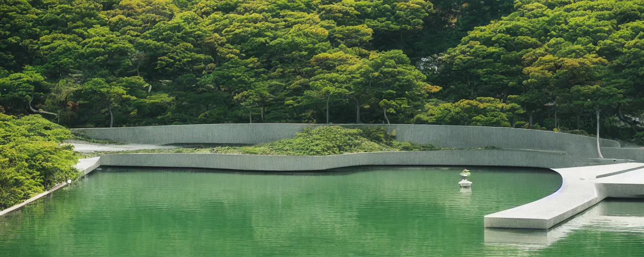 Image similar to The Oval at Benesse Art Museum Naoshima, Japan, built by Tadao Ando, brutalist architecture, pond in the center, overgrown with foliage, kodachrome, 35mm