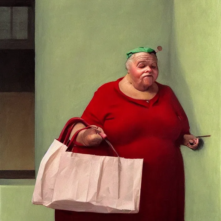 Image similar to melting old fat woman portrait with a white paper bag over the head, dressed in red paper bags, holding stack of green paper bags, highly detailed, artstation, art by edward hopper, zdislav beksinski, wayne barlowe, edward hopper