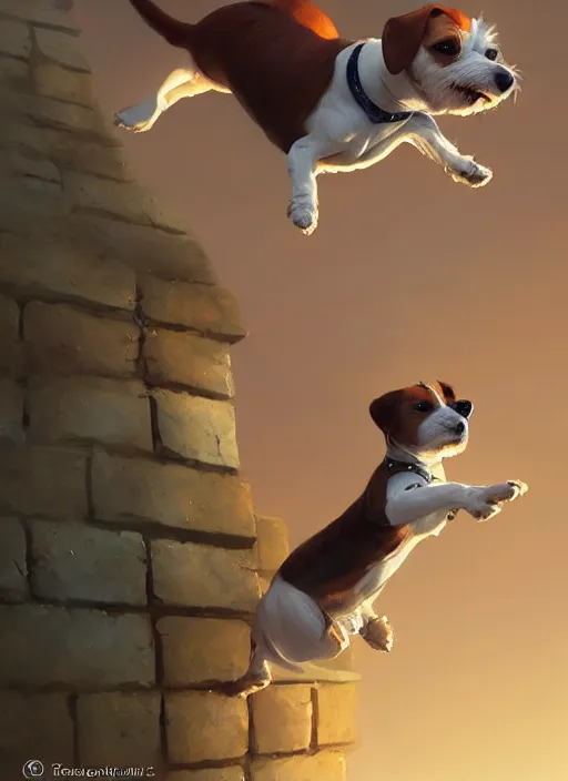 Prompt: adorable jack russel terrier jumping over a brick wall, fantasy art, artstation character design contest winner, trending on cgsociety, concept art, speedpaint, beautiful digital art, jesper ejsing, james jean, justin gerard, fenghua zhong, makoto shinkai, highly detailed