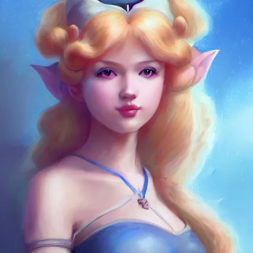 Image similar to cute princess peach as realistic blond human character art portrait, matte fantasy painting, deviantart artstation, by jason felix by steve argyle by tyler jacobson by peter mohrbacher, cinema c 9. 0