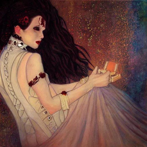 Image similar to A beautiful painting of a lady vampire, steampunk, dracula, soft light, cinematic, klimt