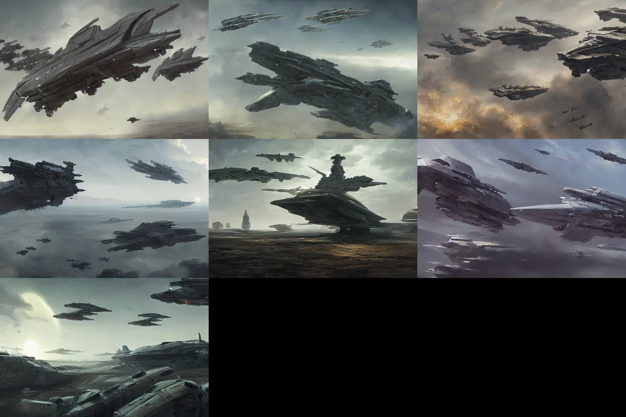 Prompt: hyper realistic sci - fi matte concept art painting of low flying spaceships over a battlefield, beautiful details, strong composition painted by kim jung guweta studio rutkowski, james gurney and greg rutkowski, and lucasfilm, smooth, intricate, detailed, sharp focus, cinematic