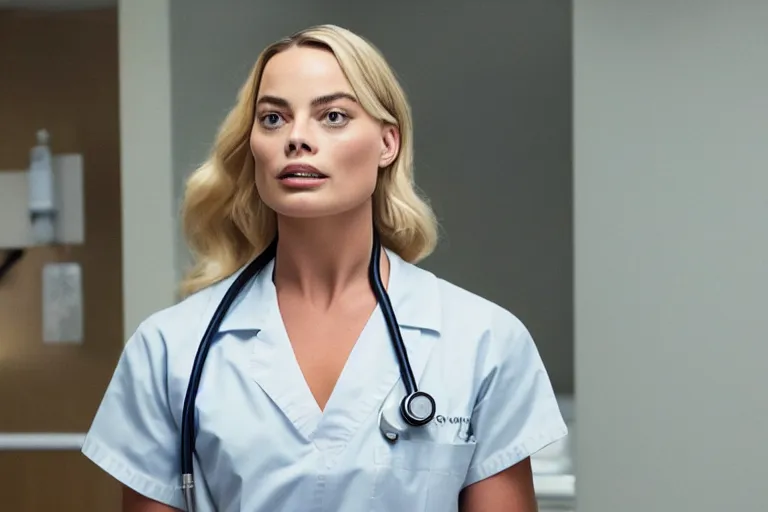 Image similar to margot robbie as a nurse in a hospital, thicc, detailed body, seductive eyes, wall lighting, healthcare setting