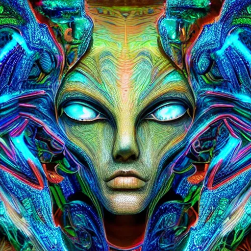 Image similar to Face of an Alien Deity, centered, corals, plume made of geometry, extremely detailed digital painting, sharp focus in the style of android jones, artwork of a futuristic artificial intelligence superstar with frames made of detailed circuitry , mystical colors, rim light, beautiful lighting, 8k, stunning scene, raytracing, octane, under water visual distortion, dark tones colors, trending on artstation