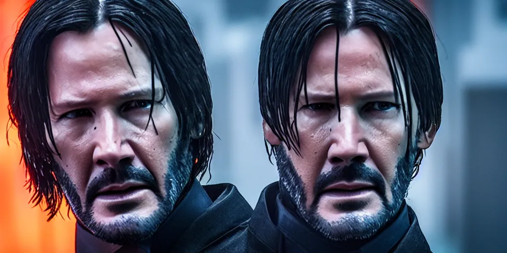 Image similar to a still of John Wick in Blade Runner 2049, 4k, detailed face, realistic face, cinematic lighting