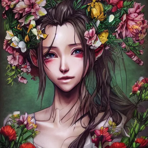 Image similar to concept art of aerith gainsborough with tattoos, amongst flowers, high quality, detailed, trending on artstartion