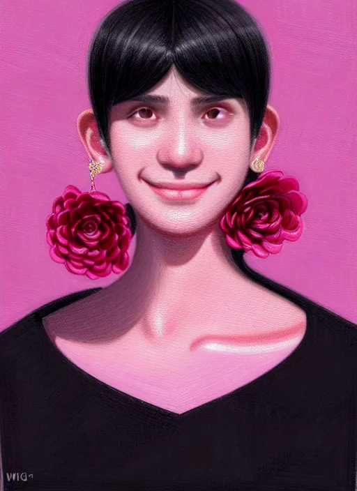 Image similar to portrait of teenage girl, narrow face, black hair, bangs, half updo hairstyle, skinny, big nose, smile, unattractive, defined jawline, big chin, wearing pink hair bow, earrings, intricate, elegant, glowing lights, highly detailed, digital painting, artstation, sharp focus, illustration, art by wlop, mars ravelo and greg rutkowski