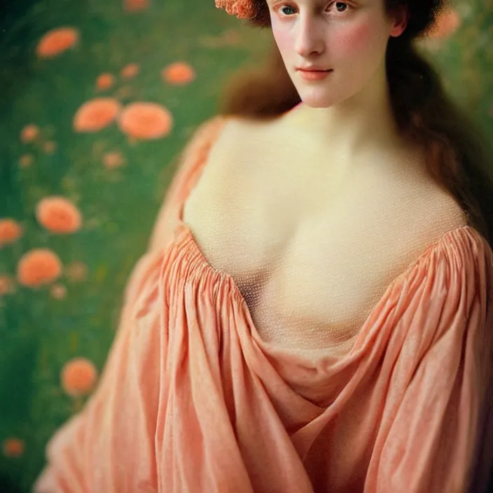 Prompt: Kodak Portra 400, 8K, soft light, volumetric lighting, highly detailed, britt marling style 3/4 ,portrait photo of a beautiful woman how pre-Raphaelites painter, dressed in long elegant intricate ornamental ethereal coral and shells dress, natural skin tone, highly detailed realistic flowers ornament in the upper side of breast, bust with a long beautiful neck , long dark hair are intricate with highly detailed realistic coral and shells, elegant, Realistic, Refined, Highly Detailed, natural outdoor soft pastel lighting colors scheme, outdoor fine art photography, Hyper realistic, photo realistic
