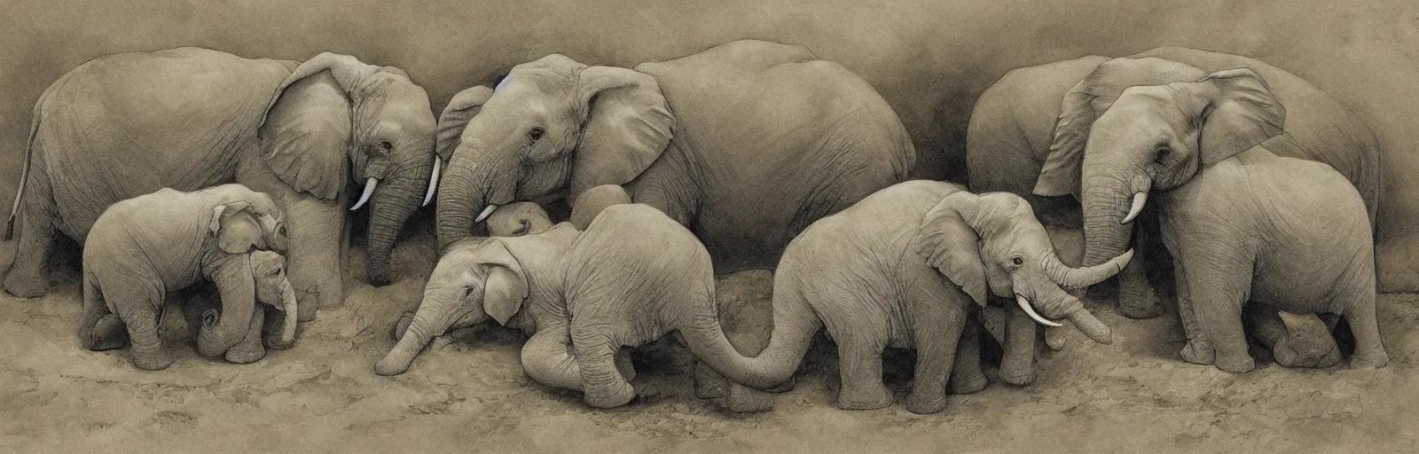 Image similar to two adult elephants and a baby elephants sleeping soundly under a starry sky, savannah, illustration, detailed, smooth, soft, warm, by Adolf Lachman, Shaun Tan, Surrealism