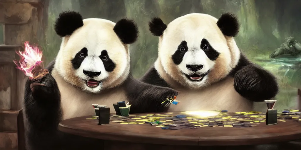 Image similar to A panda playing Magic the Gathering, artstation, 8k, photorealism