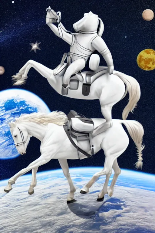 Image similar to horse sits on a lying astronaut, highly detailed