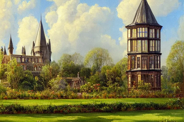 Prompt: a beautiful painting of a victorian house with bay windows, a tower and a greenhouse in the morning, very detailed by samuel and joseph newsom, harry potter