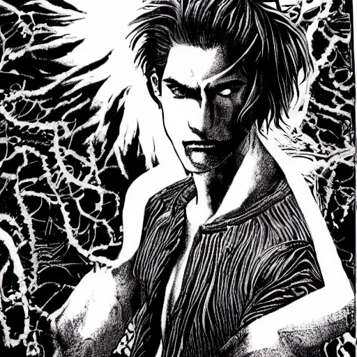 Image similar to pen and ink!!!! attractive 22 year old Gantz monochrome!!!! Frank Zappa x Daniel Radcliff highly detailed manga Vagabond!!!! telepathic floating magic swordsman!!!! glides through a beautiful!!!!!!! battlefield magic the gathering dramatic esoteric!!!!!! pen and ink!!!!! illustrated in high detail!!!!!!!! graphic novel!!!!!!!!! by Kim Jung Gi and Hiroya Oku!!!!!!!!! MTG!!! award winning!!!! full closeup portrait!!!!! action manga panel