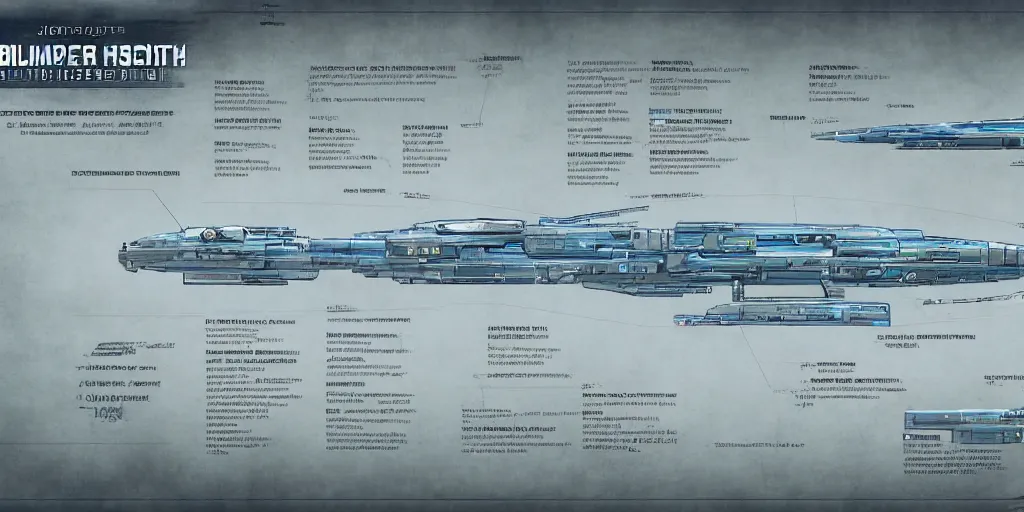 Image similar to detailed infographic blueprint of one messenger spaceship in the style of eve online by john howe