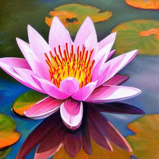 Image similar to waterlily flower, bright colors, painting, detailed, magical environment, peaceful, beautiful, artwork, realistic detail, natural lighting, brush strokes, pintrest, behance