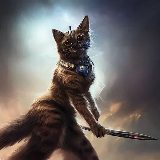 Image similar to a hyper realistic cat warrior, ultra detailed, magic the gathering art, digital art, cinematic, studio lighting, background battlefield, fantasy, no blur,