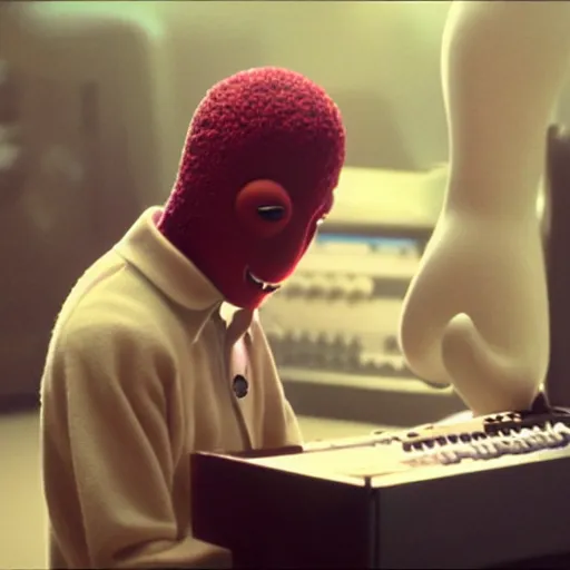 Image similar to cinematic film still of Pharrell Williams Making A Beat with an anthropomorphic alien, Japanese VFX, 2018, 400mm lens, f1.8, shallow depth of field,film photography