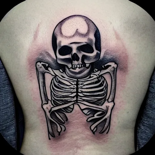 Prompt: “ “tattoo of a skeleton wearing a doctors coat with a scalpel in one hand peering behind a scycle”