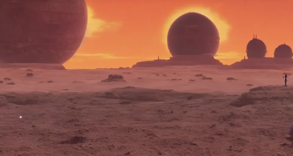 Image similar to beautiful wide shot tatooine landscape obi wan kenobi Luke skywalker droids binary sunset in Star Wars a new hope 1977 by studio ghibli, Miyazaki, animation, highly detailed, 70mm