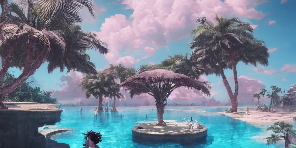 Image similar to artgem and greg rutkowski masterpiece, hyperrealistic surrealism, award winning masterpiece with incredible details, epic stunning, infinity pool, a surreal vaporwave liminal space, highly detailed, trending on ArtStation, calming, meditative, pink arches, palm trees, very vaporwave, very very surreal, sharp details, dreamscape