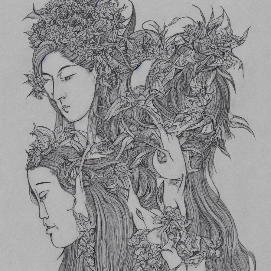 Image similar to east-asian female sunflower deity gray face pointy ears long beard with vines as hair hibiscus flowers detailed drawing