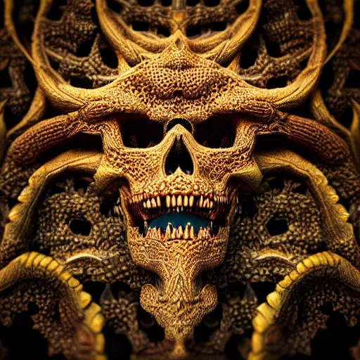 Image similar to Ultra detailed 3d render Macro of fractal dragon scale, fantasy skull, intricate ornate details, mandelbrot, octane render, 8k, high quality, volumetric lighting, smooth surface render