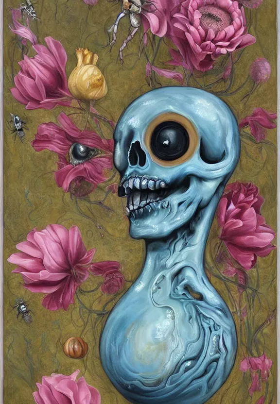 Image similar to a biomorphic painting of a vase with flowers and eyeballs, a surrealist painting by marco mazzoni, by dorothea tanning, pastel blues and pinks, lips, melting, plastic, skull, bees, trending on artstation, metaphysical painting, oil on canvas, fluid acrylic pour art, airbrush art, seapunk, rococo, lovecraftian