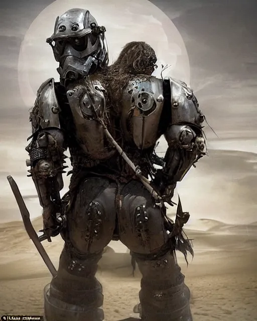 Image similar to a legless dwarf named master is strapped to the back of a mindless armored warrior called blaster, whom he rides like a horse. together they are known as master blaster. in the style of mad max beyond the thunderdome and director george miller, cinematic