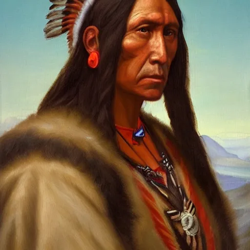 Prompt: renaissance portrait painting of a native american, artstation