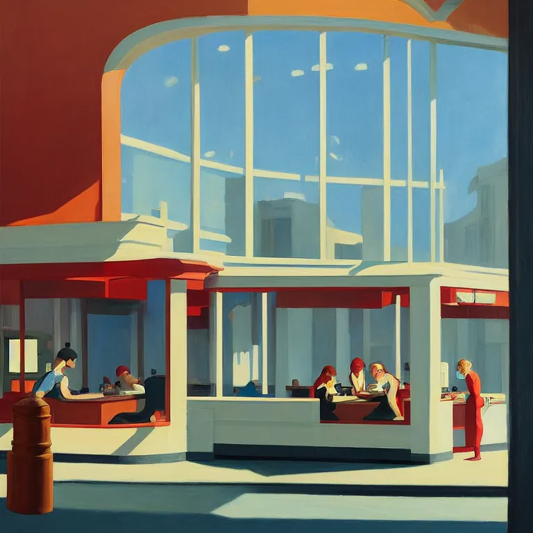 Image similar to inside a diner, painted by Edward Hopper, painted by James Gilleard, airbrush