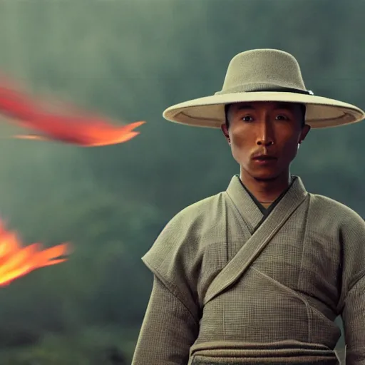 Image similar to cinematic film still Pharrell Williams starring as a Samurai holding fire, Japanese CGI, VFX, 2003, 40mm lens, shallow depth of field,film photography