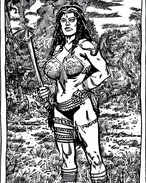 Prompt: buxom female amazonian warrior in the style of robert crumb meets russ nicholson from fighting fantasy books, highly detailed