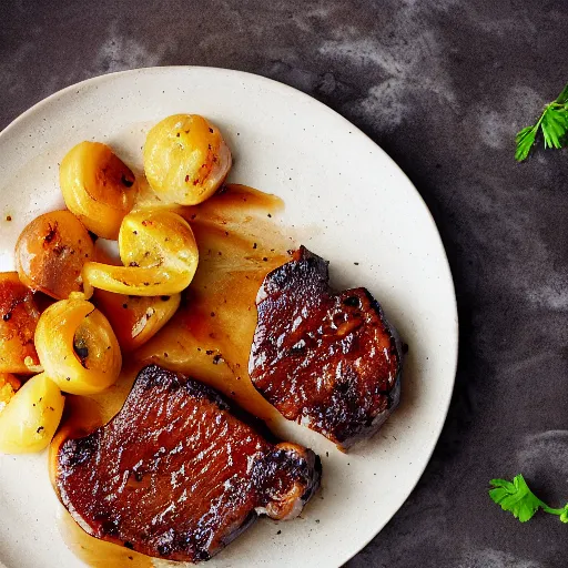 Image similar to caramelized pork chops, professional food photography