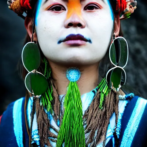 Image similar to minimalist photography portrait of aloy, an elaborately adorned female shaman warrior, face paint, symmetrical, super close up, mid thirties, cute round green slanted eyes, porcelain skin, wide nostrils, chubby cheeks, high flat eyebrows, ethereal essence, angelic, leica 1 0 0 mm f 0. 8