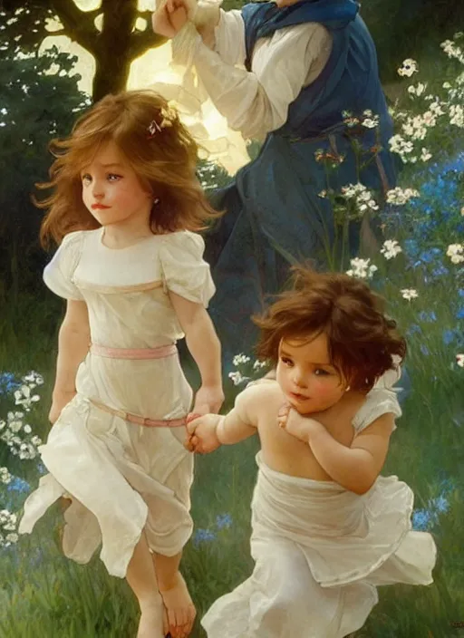 Image similar to a cute little girl with a round cherubic face, blue eyes, and short wavy light brown hair holding hands with her brother and running. beautiful painting by artgerm and greg rutkowski and alphonse mucha