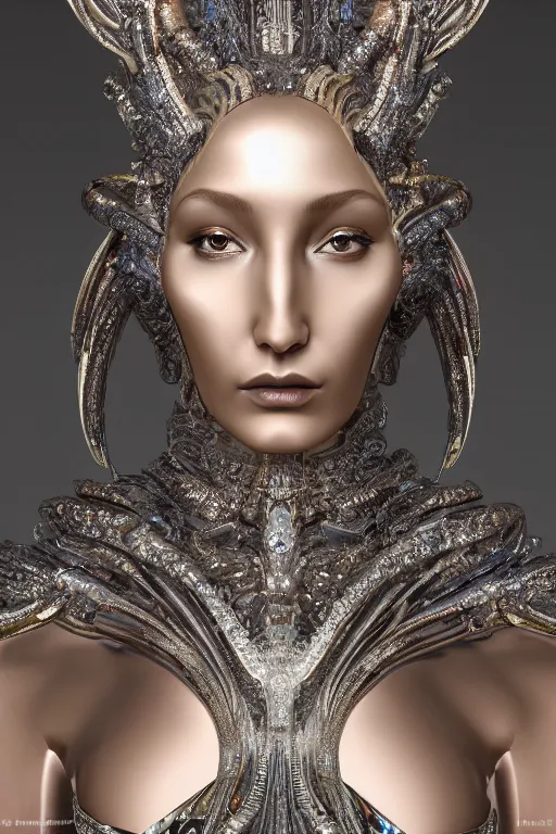 Image similar to a highly detailed metahuman 4 k close up render of an alien goddess bella hadid deity in iris van herpen dress schiaparelli in diamonds swarovski and jewelry in style of alphonse mucha gustav klimt trending on artstation made in unreal engine 4