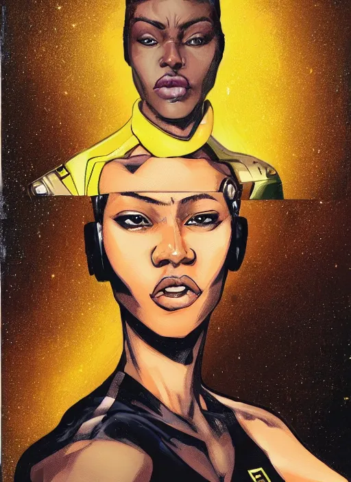 Image similar to An sci-fi comic book style portrait painting of a short, dark-skinned, slender soldier girl wearing a gold and green shirt with short auburn hair that comes almost to her shoulders with brown eyes that look almost black with flecks of gold in them. The girl has a medium-sized scar on the upper right side of her head, unreal 5, DAZ, hyperrealistic, octane render, cosplay, RPG portrait, dynamic lighting