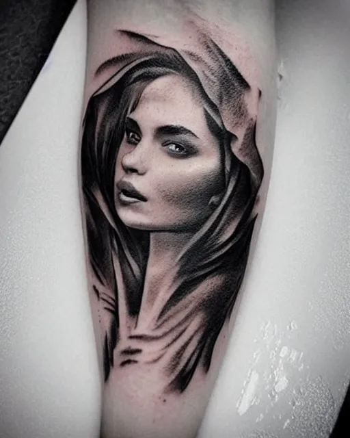 Image similar to tattoo design sketch of a beautiful woman face blended with a faded background of beautiful mountains and nature on her side, hyper - realistic, in the style of den yakovlev, amazing detail, black and white