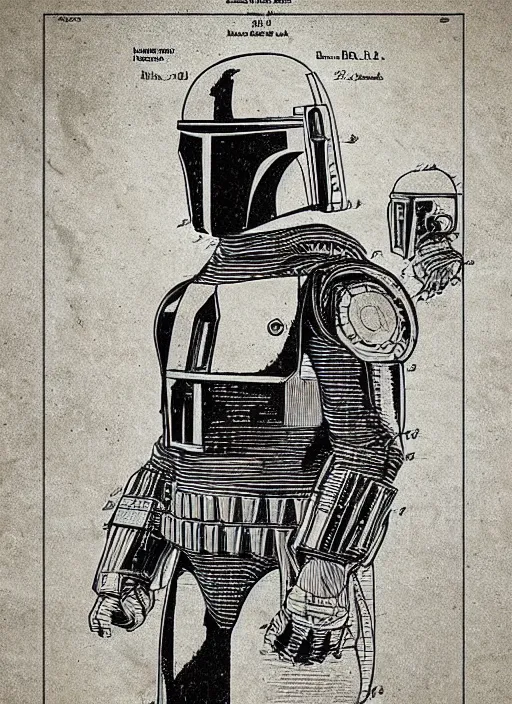 Prompt: vintage patent drawing of a kenner boba fett action figure by leonardo davinci, illustrations, intricate writing, concept art, labels, highly detailed