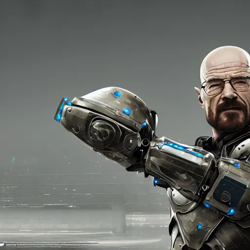 Image similar to Walter White in cybernetic battle armour with shields, 4k octane render, highly detailed, concept art