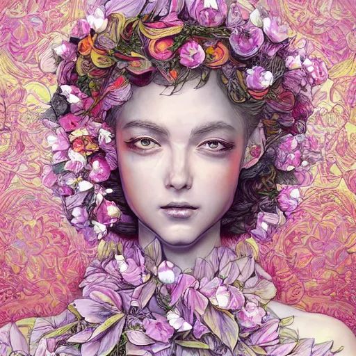 Image similar to the portrait of an absurdly beautiful, graceful, elegant, chaste woman made of petals looking up, an ultrafine detailed illustration by kim jung gi, irakli nadar, intricate linework, bright colors, octopath traveler, final fantasy, angular, unreal engine 5 highly rendered, global illumination, radiant light, detailed and intricate environment