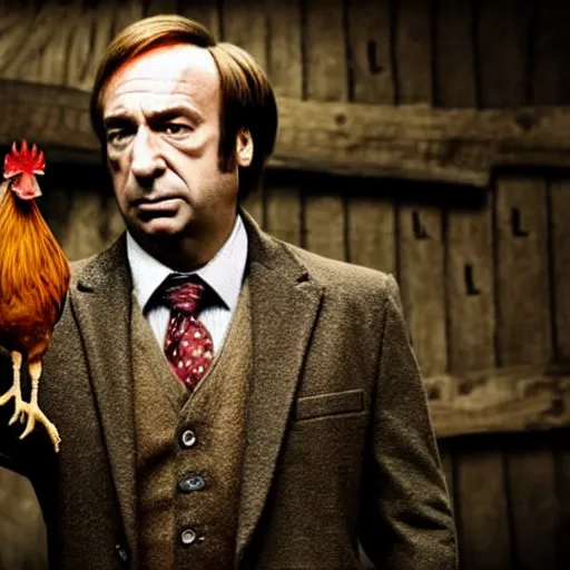 Prompt: saul goodman and a rooster in a medieval torture chamber, saw blades and knives in the background, horror movie, saul goodman face, rooster!!!!, real life photo, highly detailed face