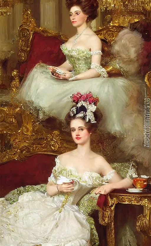 Image similar to Victorian princess drinking tea on the royal palace dining room. By Konstantin Razumov, highly detailded